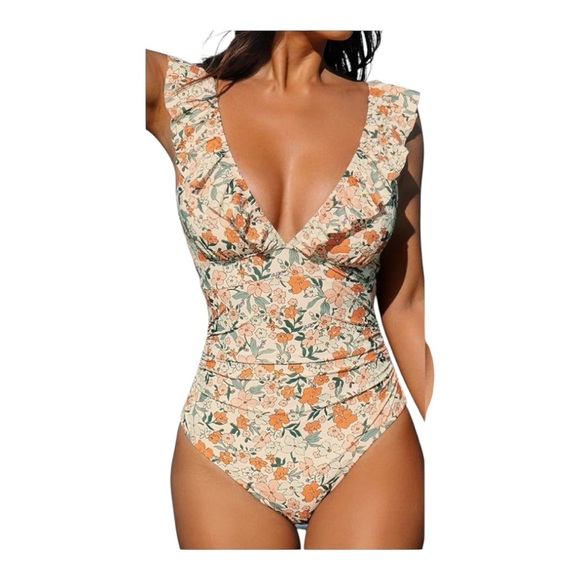 CUPSHE XL Ditsy Floral One-Piece Swimsuit – Flutter Sleeve, Summer Beachwear - Picture 3 of 17